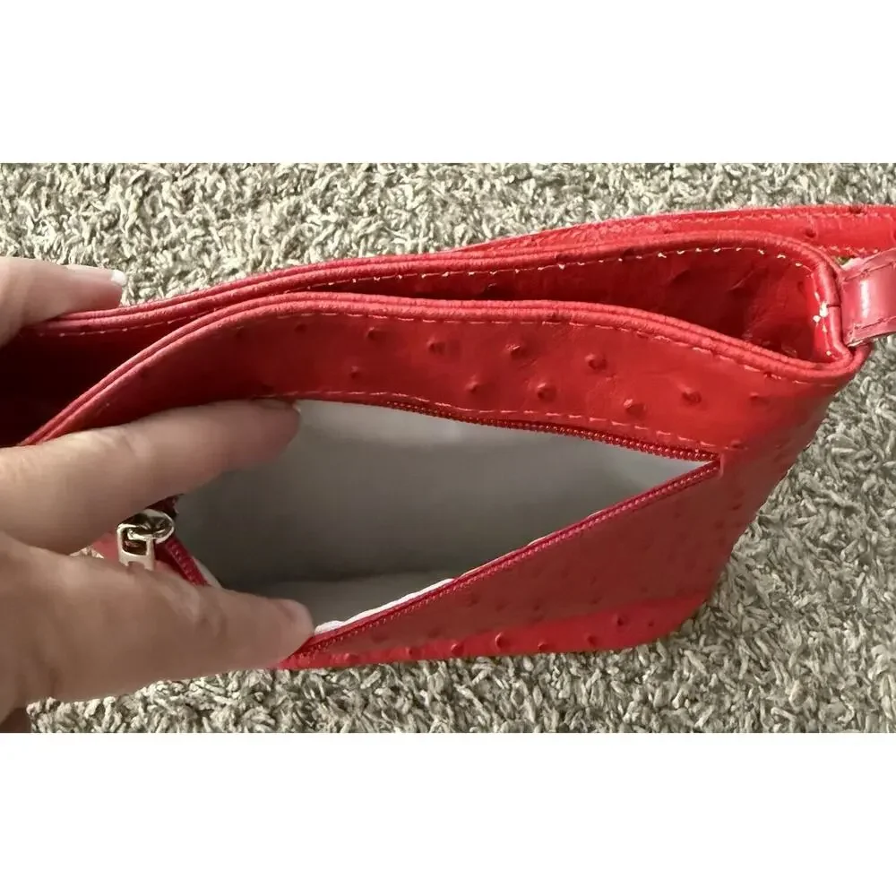 Red Ostrich Leather Crossbody‎ Bag Textured Small Shoulder Purse Zip Top Pocket